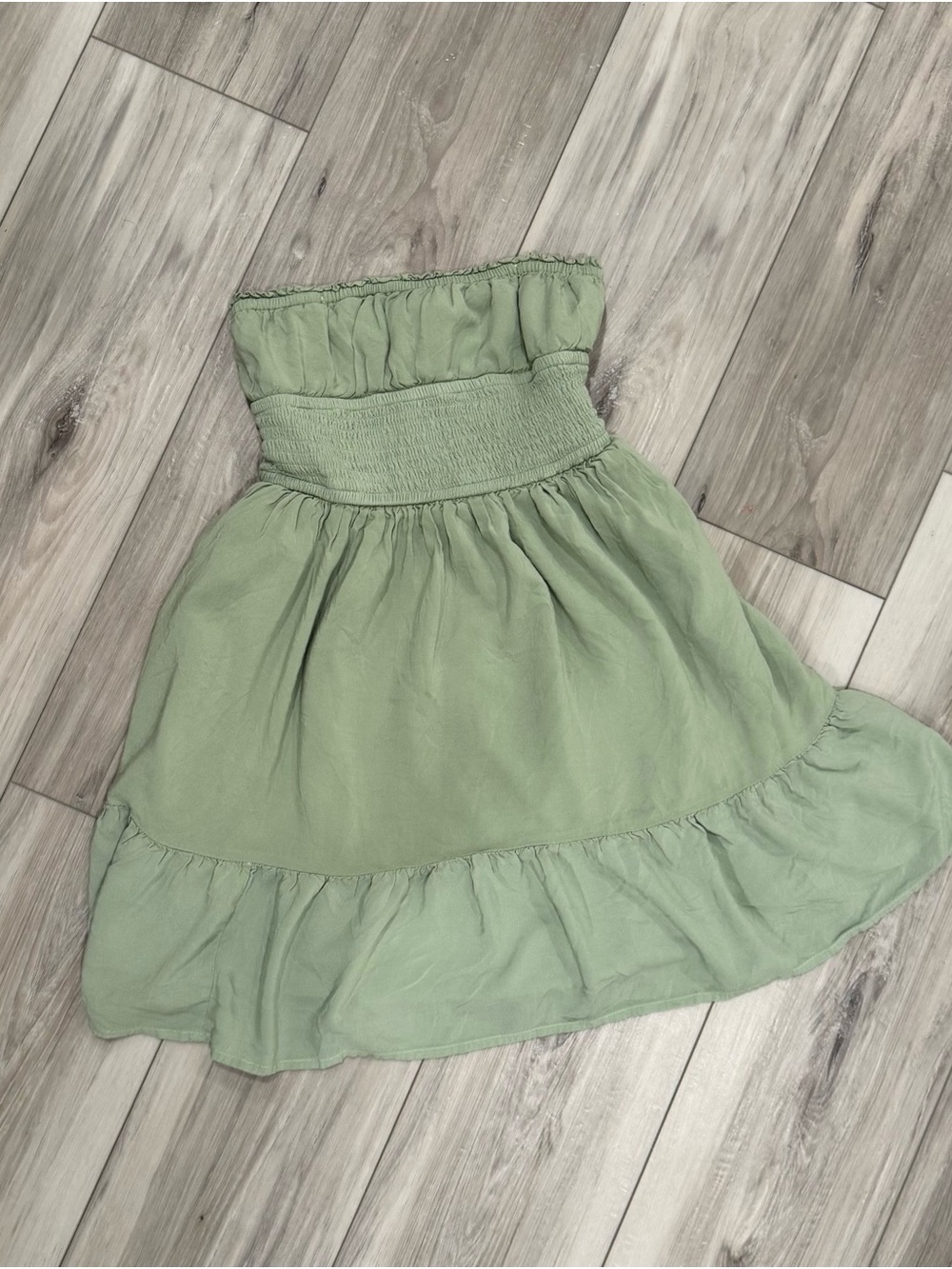Aeropostale Sage Green Smocked Strapless Ruffle Dress